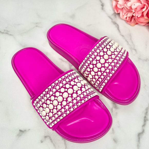 ❗️NWOT❗️JIMMY CHOO Fitz/F Hot Pink Canvas and Leather Pearl Embellished … - Picture 1 of 11